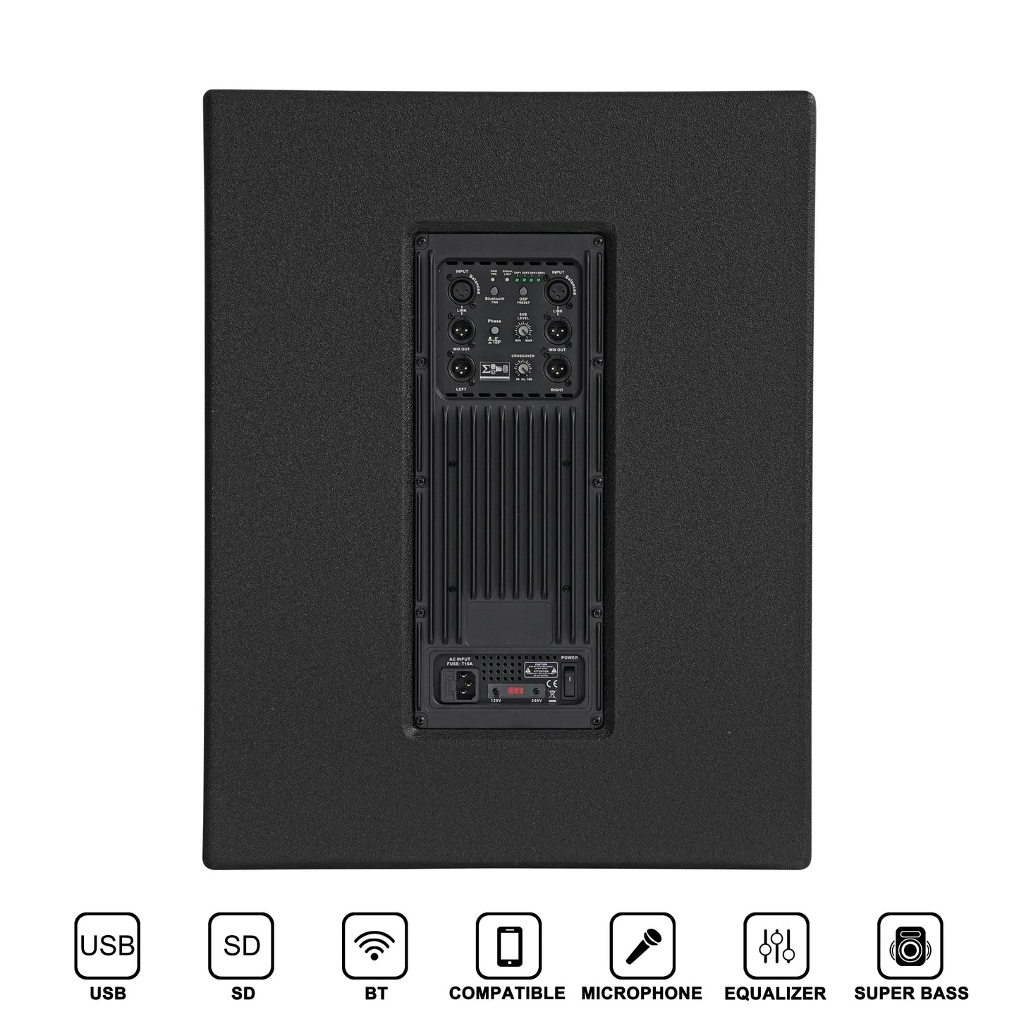 Rear view of a black speaker cabinet showcasing a central control panel with various input/output ports, control knobs, indicator lights, and a power switch, set against a textured black background.