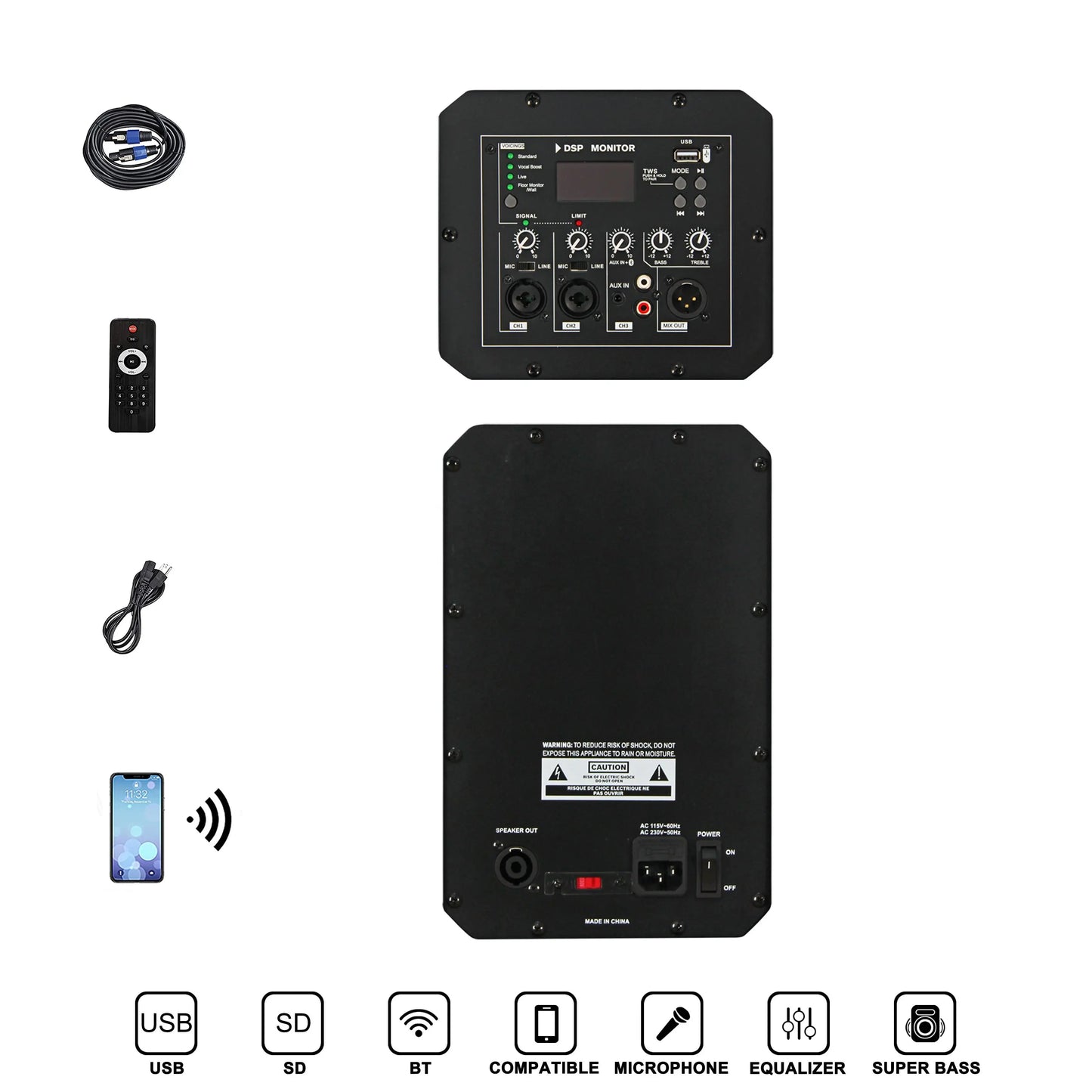 The back panel of a black portable PA system showcasing various input/output ports, control knobs, and a DSP monitor display, accompanied by accessories including a coiled audio cable, a remote control, and a power cable, with a smartphone indicating Bluetooth connectivity. Icons for USB, SD, BT, compatible microphone, equalizer, and super bass are shown at the bottom.