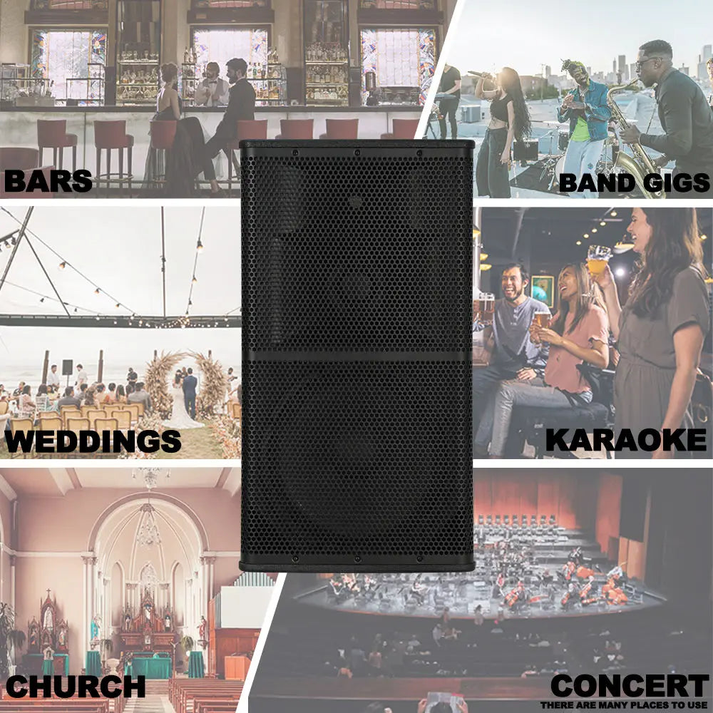 Product display collage showing a large black speaker surrounded by six different usage scenarios: bars, band gigs, weddings, karaoke, church, and concert events.