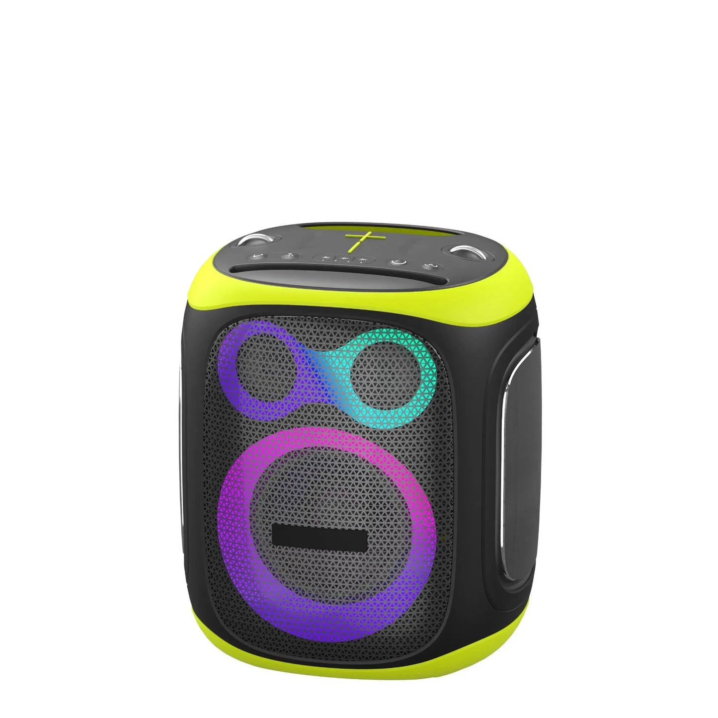Front view of a compact portable speaker with a bright yellow-green top and base, featuring a black honeycomb grille with two circular speakers outlined by vibrant, swirling pink, purple, and teal RGB light rings, and a control panel on top.