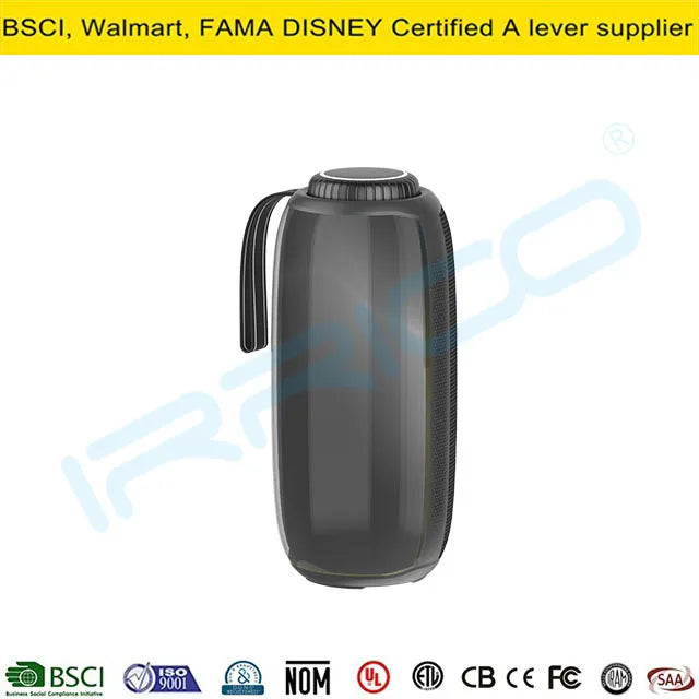 A large black portable cylindrical speaker with a vertical transparent accent strip, a sturdy top handle, and a ribbed screw-top lid design.