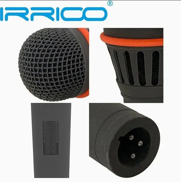 Close-up view of IRRICO professional microphone featuring metal grille, durable plastic body, orange accent ring, and standard XLR connector for live sound and recording