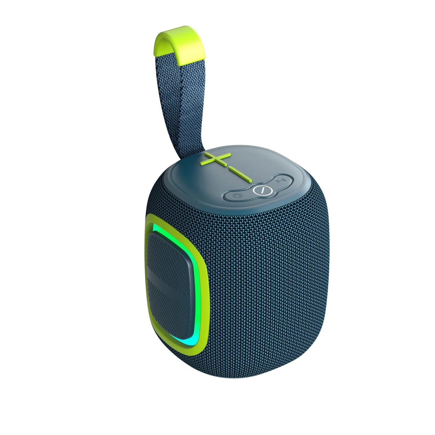 A dark blue cylindrical portable speaker with a textured, woven fabric exterior, a neon green accent on the side speaker grill, a gray top panel with a power button and touch controls, and a fabric carrying strap with a neon green plastic anchor.