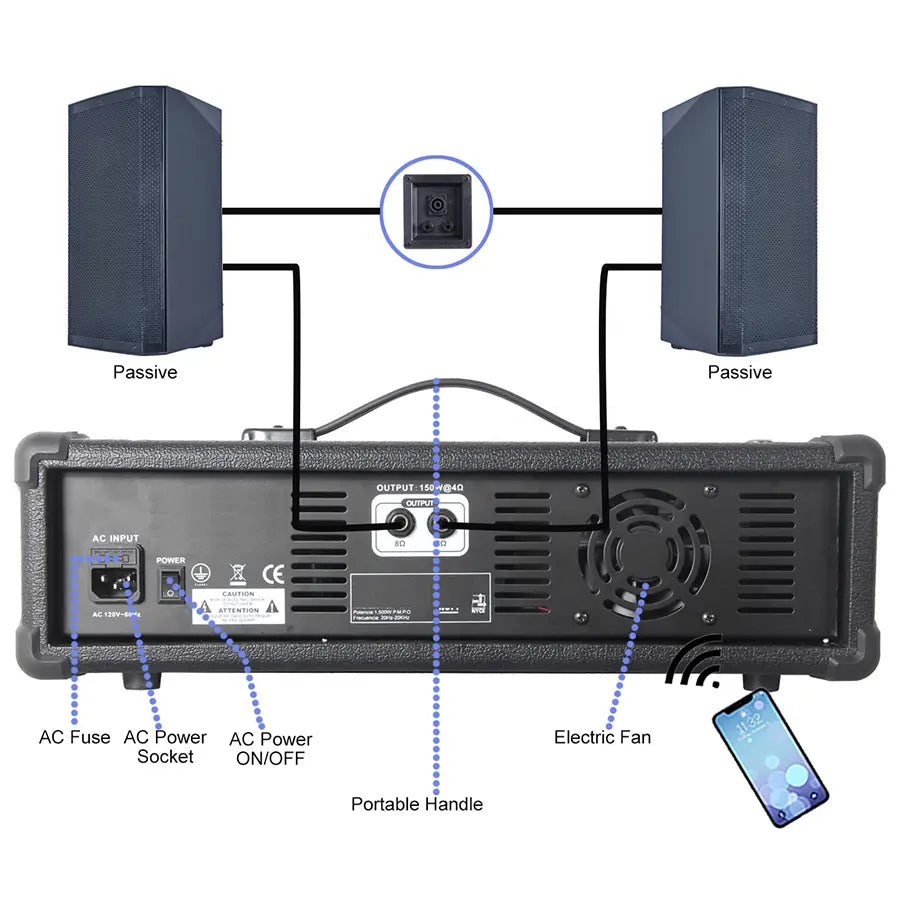 Features 100V/100W output for long-distance sound transmission, suitable for outdoor events and public address.
Equipped with a cooling fan for stable performance under high power.