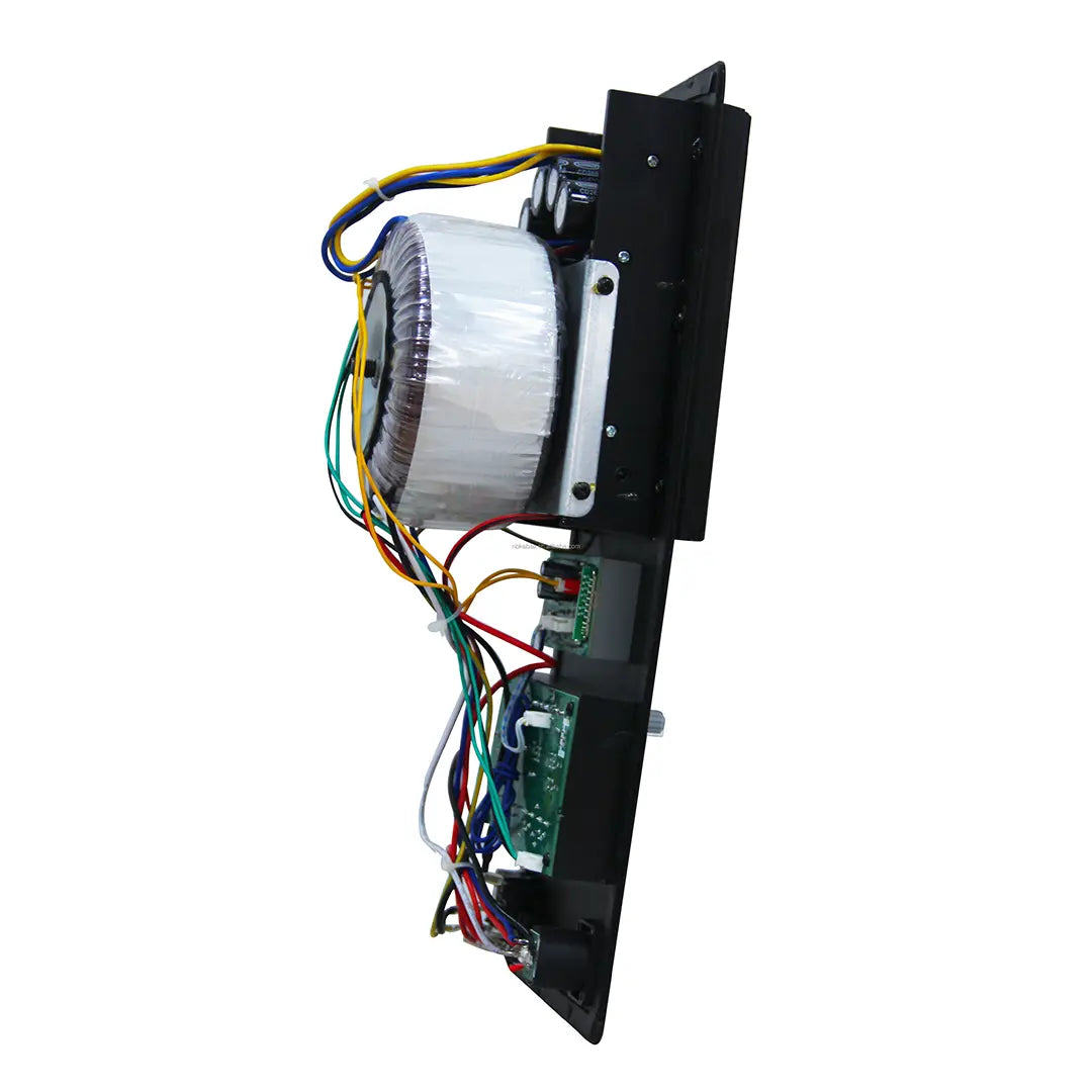 High quality car amplifier with big toroidal transformer for stable power supply
Side view of car power amplifier internal components, including large copper coil transformer and wiring, indicating good build quality for car audio system