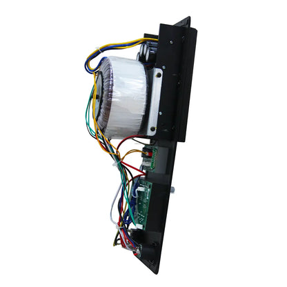 High quality car amplifier with big toroidal transformer for stable power supply
Side view of car power amplifier internal components, including large copper coil transformer and wiring, indicating good build quality for car audio system