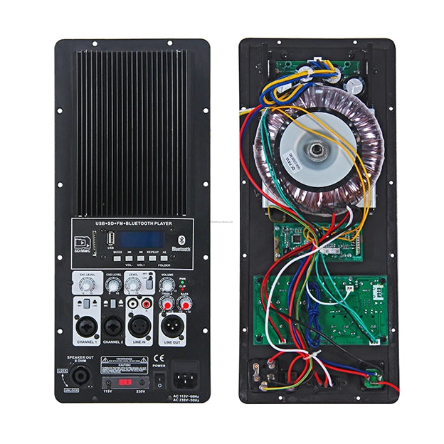 High power car amplifier with USB/SD/FM player and toroidal transformer for vehicle sound system
Open view of a car amp showing the LCD display, control knobs, and internal wiring including the big transformer and capacitor