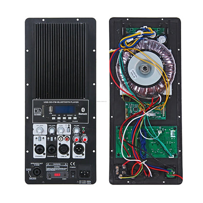 High power car amplifier with USB/SD/FM player and toroidal transformer for vehicle sound system
Open view of a car amp showing the LCD display, control knobs, and internal wiring including the big transformer and capacitor