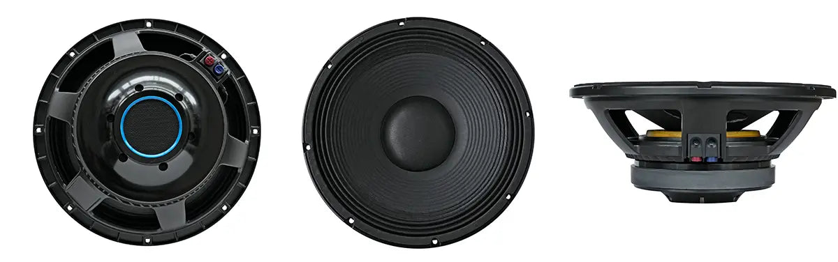 High performance car audio subwoofer with detailed multi-angle product view
Black car subwoofer featuring large magnet, blue accent ring, and robust construction for vehicle bass enhancement