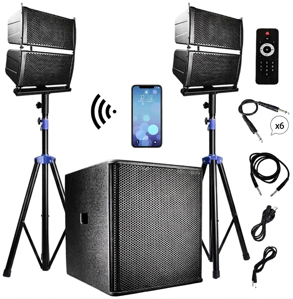 2.1 channel active speaker system package including built-in amplifier, wireless Bluetooth subwoofer, satellite speakers on tripod stands, remote control and all cables for commercial KTV or party events