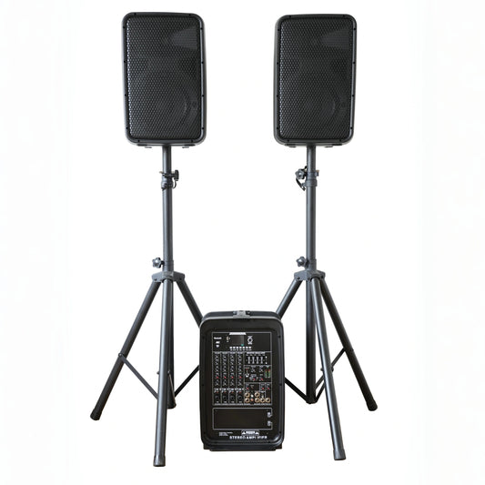 8" Colorful MP3 Lyric Screen Powered Combo Speaker – 2×150W Stereo Mixer, USB/BT/TWS/DSP, 4-Channel Mic Input