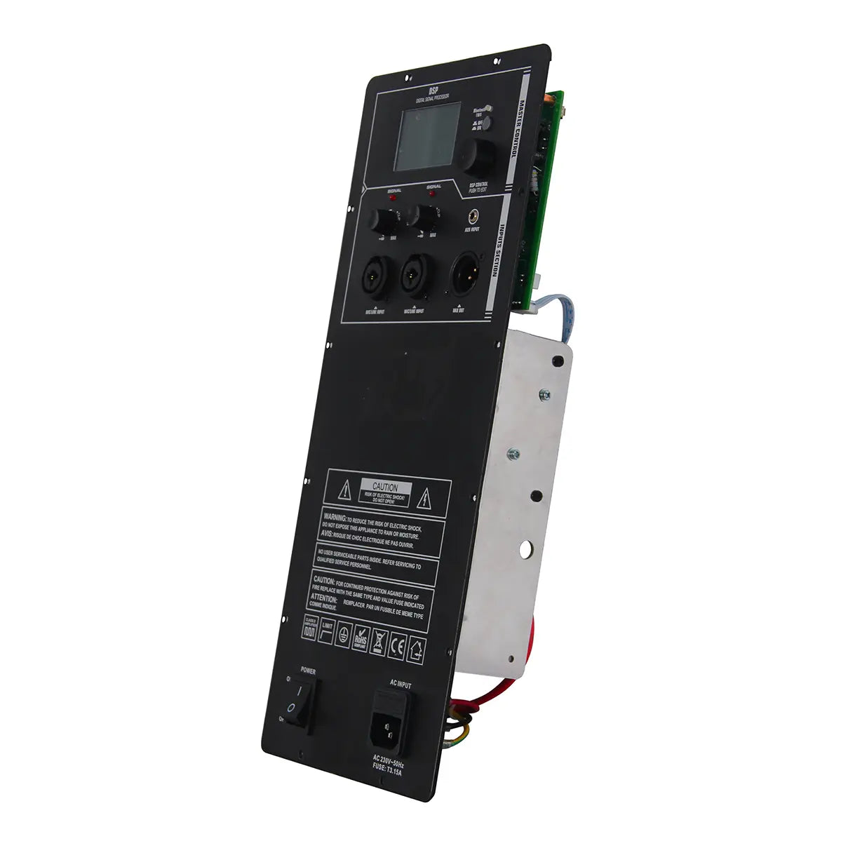 DIY audio amplifier kit with LCD display and multiple input options
Side view of a desktop power amplifier showing the control panel, LCD screen, and large heat sink for efficient cooling. Features include mic input, AUX input, and main output.