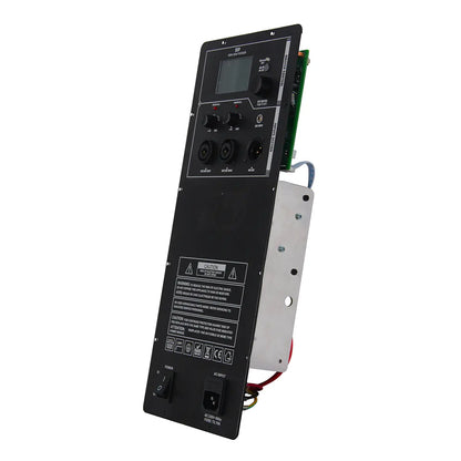 DIY audio amplifier kit with LCD display and multiple input options
Side view of a desktop power amplifier showing the control panel, LCD screen, and large heat sink for efficient cooling. Features include mic input, AUX input, and main output.