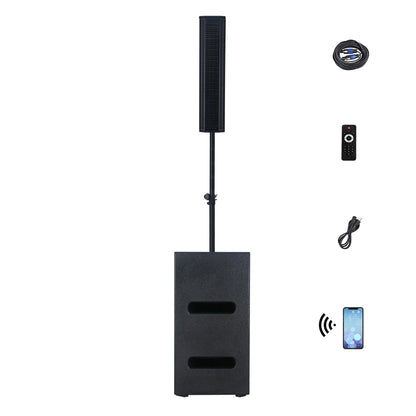 A black portable PA system featuring a rectangular subwoofer base with a vertical array speaker mounted on a stand, displayed alongside accessories including a coiled audio cable, a remote control, a power cable, and a smartphone indicating Bluetooth connectivity.