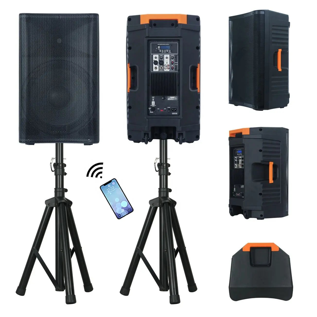 Two portable speakers mounted on tripod stands, displayed from front and back angles, with a smartphone showing Bluetooth connectivity. Additional views highlight the side profile, control panel details, and a separate close-up of the top handle. Cables are shown in the center.