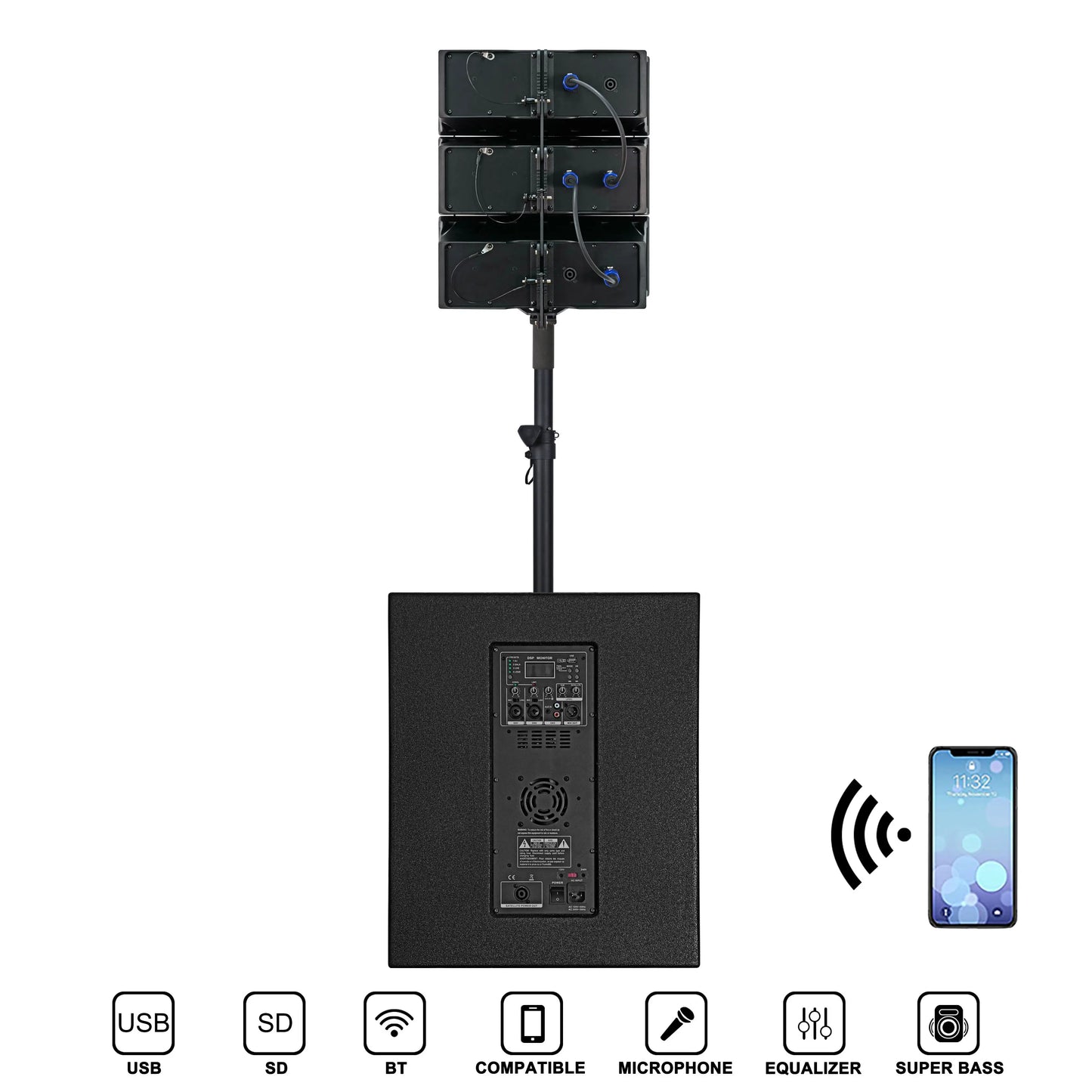 15 Inch Vertical Active Array Line 2 Channel 1.1PA System, Professional Outdoor Concert Stage Speaker, With DSP/BT/TWS,etc.