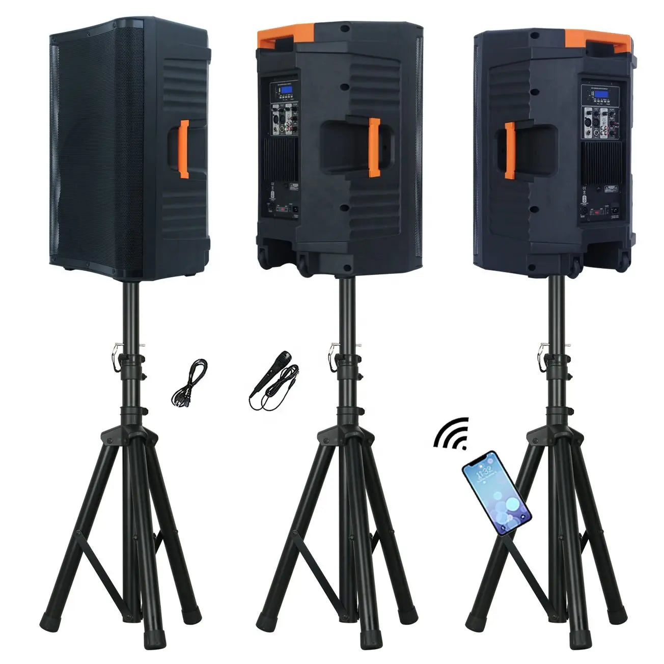 Three views of a portable speaker system mounted on a tripod stand. The left view shows the front grille, the middle view displays the back panel with controls and an orange handle, and the right view illustrates Bluetooth connectivity with a smartphone. Cables and accessories are shown in the center