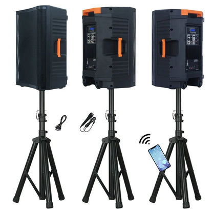 Three portable speakers mounted on tripod stands, displayed from different angles (side, back, and another back view). The middle shows the back panel with controls and a screen, while the right side indicates Bluetooth connectivity with a smartphone icon. Two cables are placed between the stands.