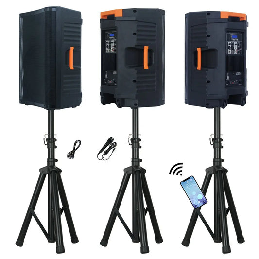 Three portable speakers mounted on tripod stands, displayed from different angles (side, back, and another back view). The middle shows the back panel with controls and a screen, while the right side indicates Bluetooth connectivity with a smartphone icon. Two cables are placed between the stands.