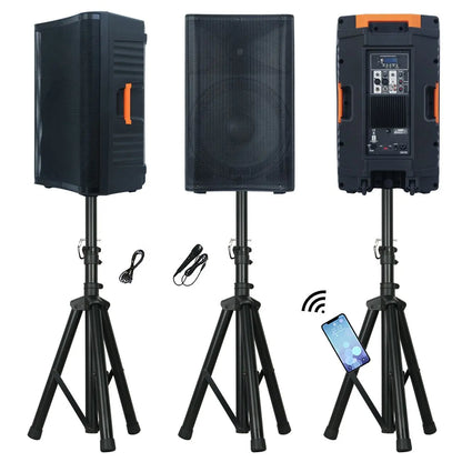 Three views of a portable speaker system mounted on a tripod stand. The left view shows the side with an orange handle, the middle view displays the front grille, and the right view shows the back panel with controls and Bluetooth connectivity indicated by a smartphone icon.