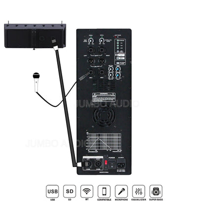 Rear view of a black speaker cabinet featuring a comprehensive control panel with multiple input/output ports, XLR and RCA connectors, adjustment knobs, a cooling fan, and a power switch. A handheld microphone is connected via a cable, and an inset image shows the side carrying handle. Icons below indicate features such as USB, SD card, Bluetooth, microphone compatibility, equalizer, and super bass.