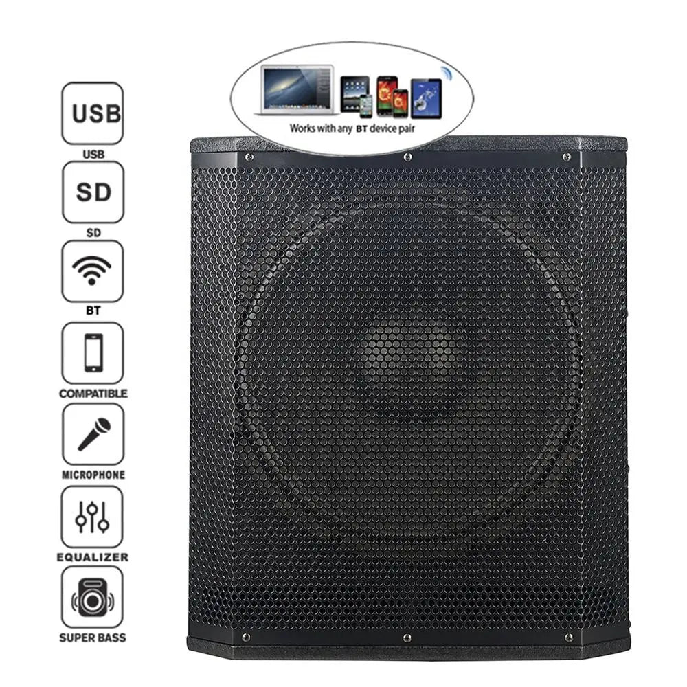 Close-up front view of a black speaker cabinet with a hexagonal mesh grille, featuring icons on the left side for USB, SD, BT, compatible, microphone, equalizer, and super bass, with a top graphic showing a laptop and mobile devices connected via Bluetooth.