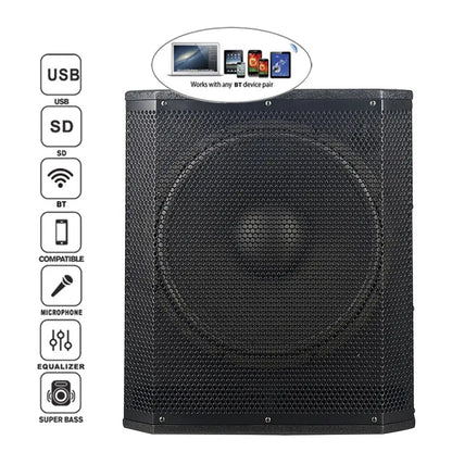 Close-up front view of a black speaker cabinet with a hexagonal mesh grille, featuring icons on the left side for USB, SD, BT, compatible, microphone, equalizer, and super bass, with a top graphic showing a laptop and mobile devices connected via Bluetooth.