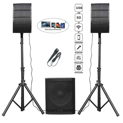 A complete black PA system setup featuring two tall vertical line array speakers mounted on tripod stands, a central rectangular subwoofer, and two wireless microphones, with icons indicating features such as USB, SD, Bluetooth, compatibility, microphone input, equalizer, and super bass.