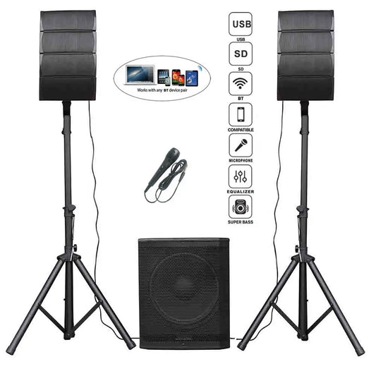 A complete black PA system setup featuring two tall vertical line array speakers mounted on tripod stands, a central rectangular subwoofer, and two wireless microphones, with icons indicating features such as USB, SD, Bluetooth, compatibility, microphone input, equalizer, and super bass.