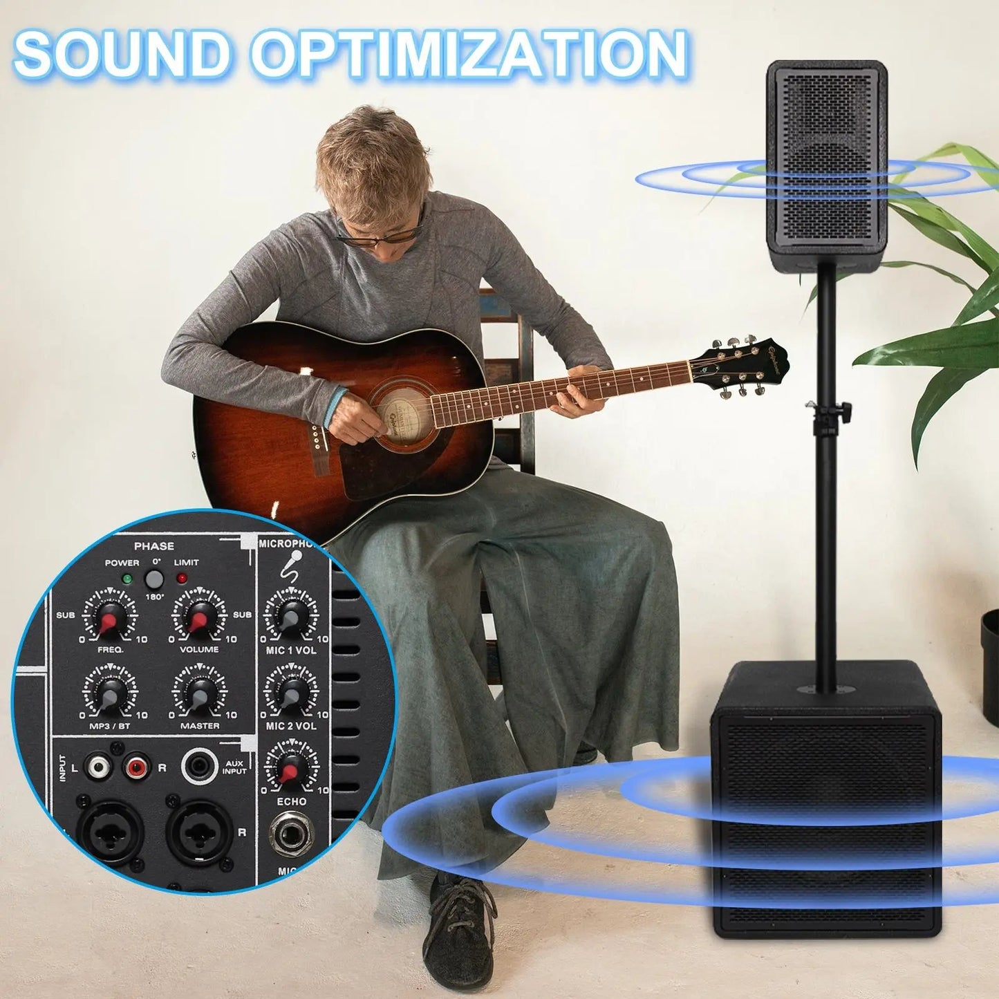 A man playing an acoustic guitar next to a black portable speaker on a stand, with a detailed inset showing the control panel featuring knobs for phase, frequency, volume, microphone settings, and echo, labeled 'SOUND OPTIMIZATION' at the top.