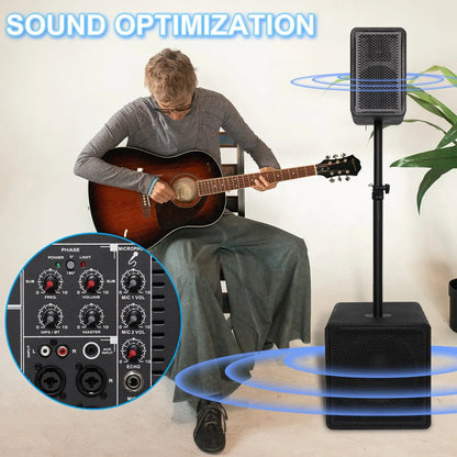 A man playing an acoustic guitar next to a black portable speaker on a stand, with a detailed inset showing the control panel featuring knobs for phase, frequency, volume, microphone settings, and echo, labeled 'SOUND OPTIMIZATION' at the top.