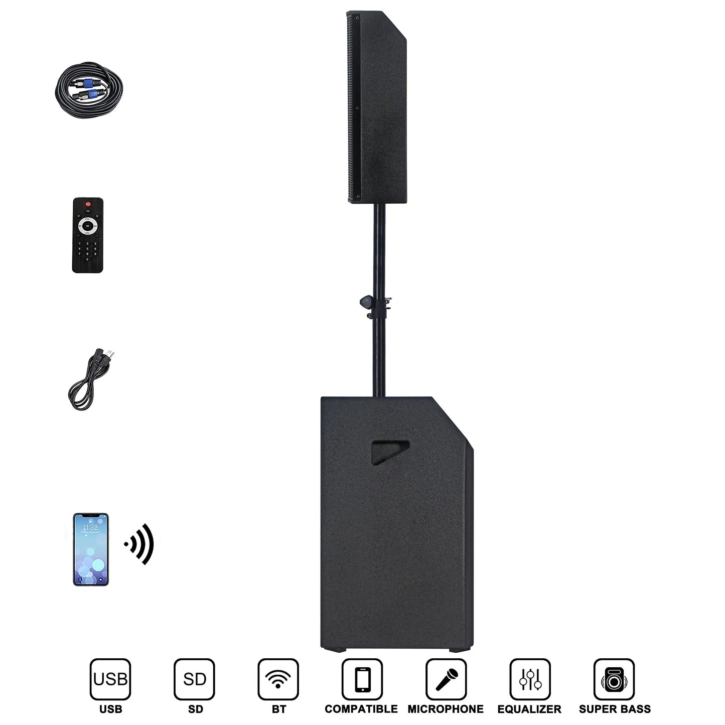 A black portable line array speaker system featuring a rectangular subwoofer base with a vertical array speaker mounted on top, displayed alongside accessories including a coiled audio cable, a remote control, a power cable, and a smartphone indicating Bluetooth connectivity. Icons for USB, SD, BT, compatible microphone, equalizer, and super bass are shown at the bottom