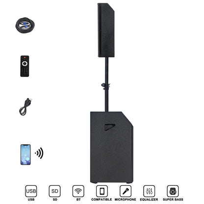 A black portable line array speaker system featuring a rectangular subwoofer base with a vertical array speaker mounted on top, displayed alongside accessories including a coiled audio cable, a remote control, a power cable, and a smartphone indicating Bluetooth connectivity. Icons for USB, SD, BT, compatible microphone, equalizer, and super bass are shown at the bottom