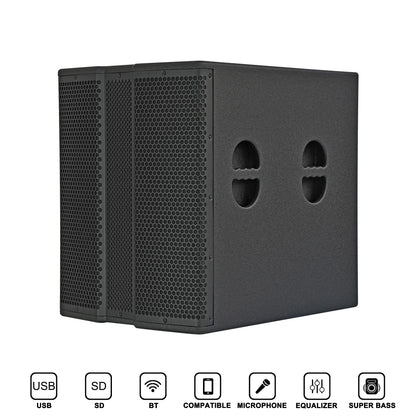 A large black rectangular subwoofer cabinet with a front honeycomb grille and two circular cutout ports on the side panel