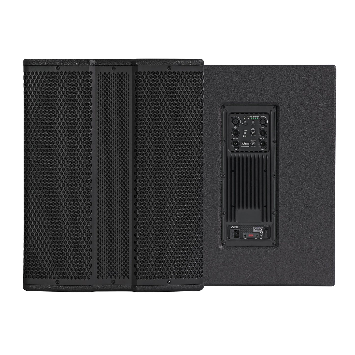 Two black speaker cabinets positioned side-by-side; one facing forward with a hexagonal mesh grille, and the other showing the rear panel with a built-in amplifier, control knobs, and connection ports.