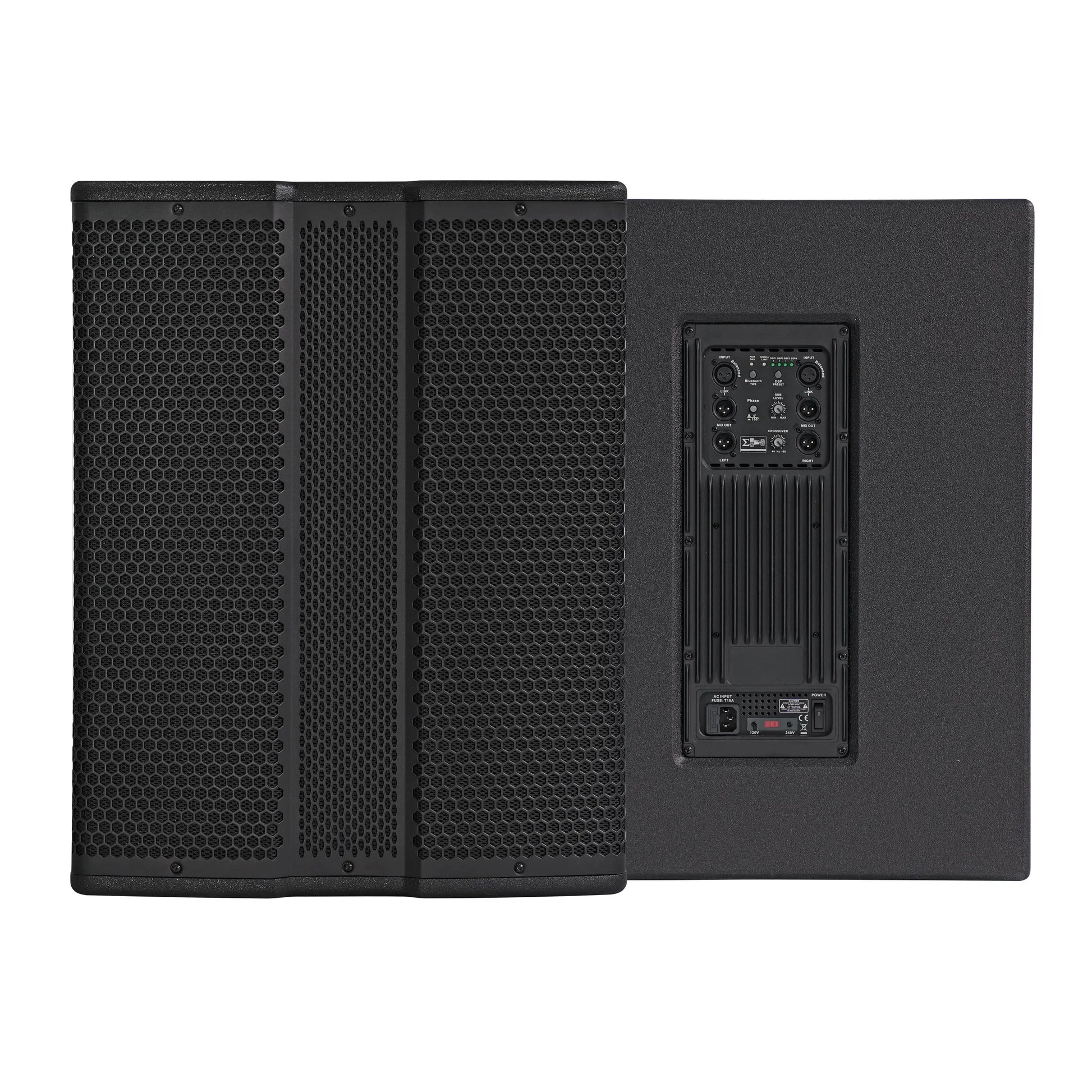 Two black speaker cabinets positioned side-by-side; one facing forward with a hexagonal mesh grille, and the other showing the rear panel with a built-in amplifier, control knobs, and connection ports.