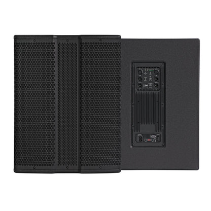 Two black speaker cabinets positioned side-by-side; one facing forward with a hexagonal mesh grille, and the other showing the rear panel with a built-in amplifier, control knobs, and connection ports.
