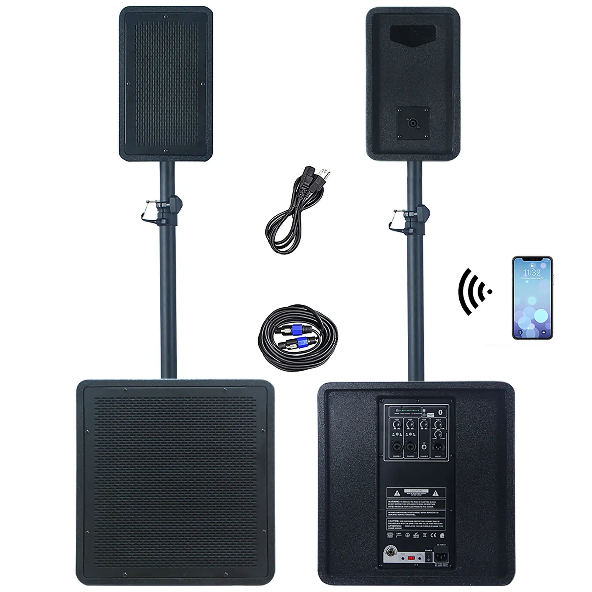 Dual black portable PA systems displayed from front and back angles, each with a subwoofer base and pole-mounted speaker, surrounded by accessories including a coiled power cable, an audio cable, and an icon indicating Bluetooth connectivity with a smartphone.