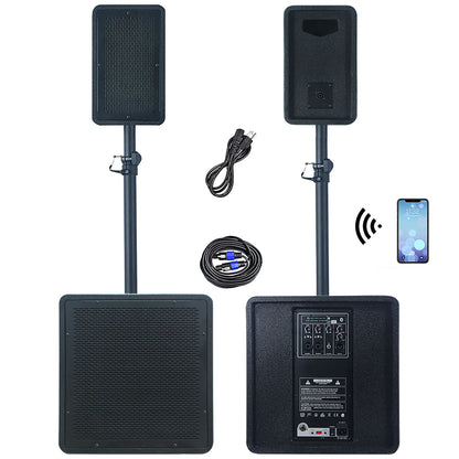 Dual black portable PA systems displayed from front and back angles, each with a subwoofer base and pole-mounted speaker, surrounded by accessories including a coiled power cable, an audio cable, and an icon indicating Bluetooth connectivity with a smartphone.
