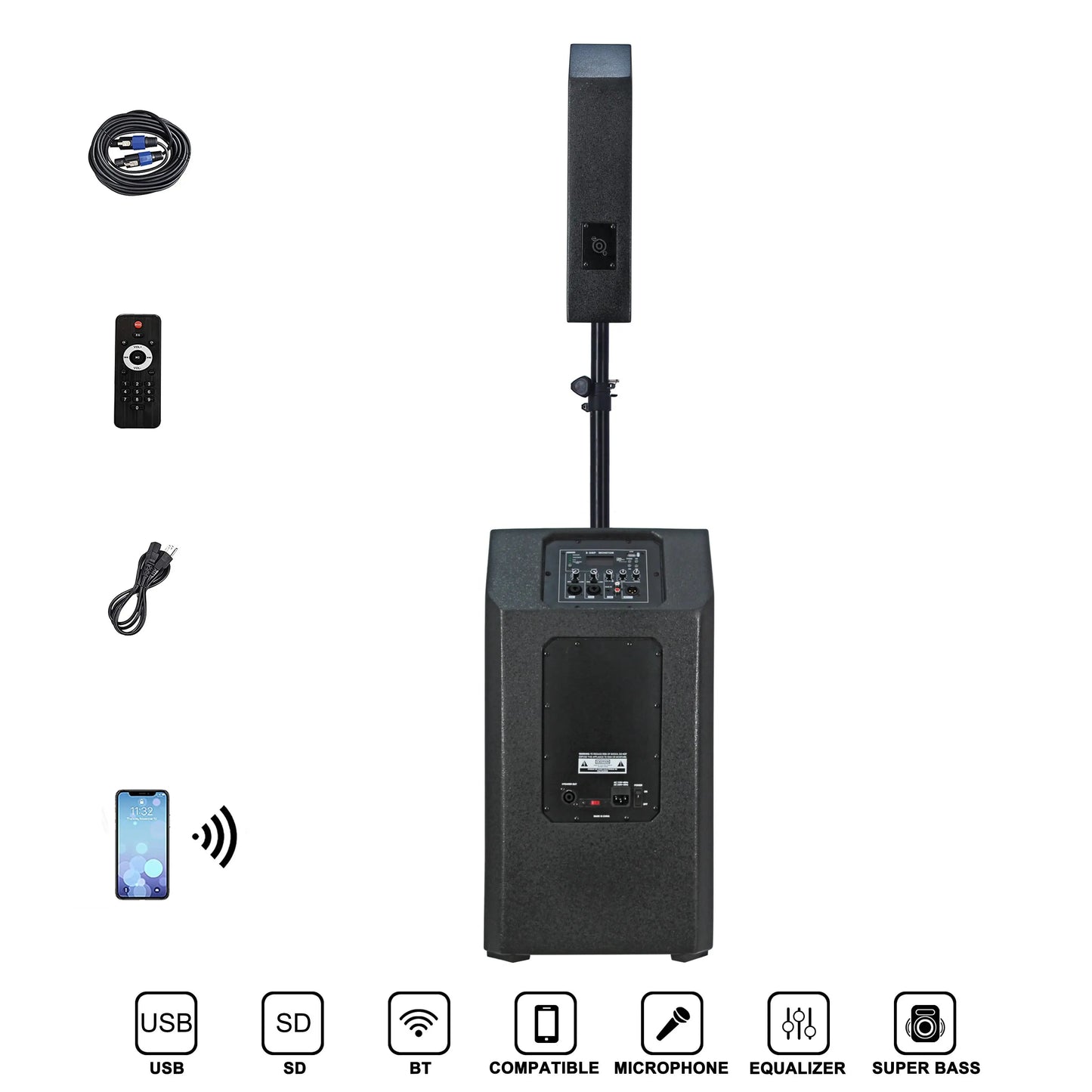 A black portable PA system featuring a rectangular subwoofer base with a vertical array speaker mounted on a stand, displayed alongside accessories including a coiled audio cable, a remote control, a power cable, and a smartphone indicating Bluetooth connectivity. Icons for USB, SD, BT, compatible microphone, equalizer, and super bass are shown at the bottom.