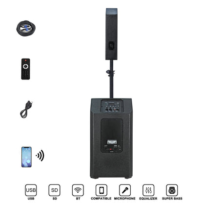 A black portable PA system featuring a rectangular subwoofer base with a vertical array speaker mounted on a stand, displayed alongside accessories including a coiled audio cable, a remote control, a power cable, and a smartphone indicating Bluetooth connectivity. Icons for USB, SD, BT, compatible microphone, equalizer, and super bass are shown at the bottom.