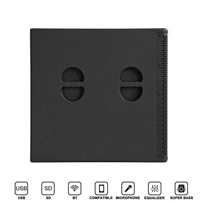 Top-down view of the bottom of a black rectangular speaker cabinet, featuring two symmetrical semi-circular cutouts likely for handles or carrying, with a textured side panel visible on the right edge.