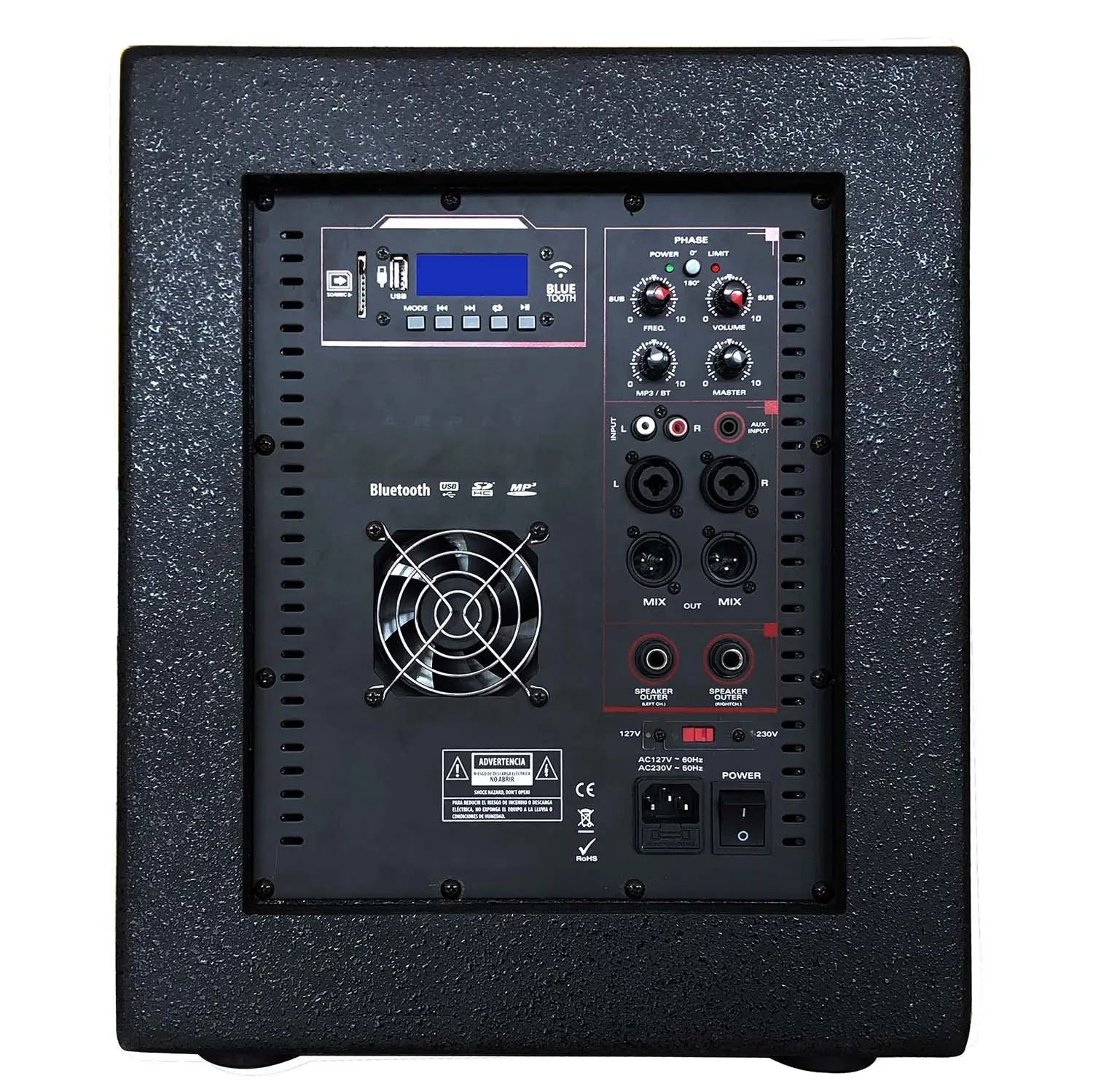 Rear panel view of a black speaker system showcasing various control knobs, input/output ports, a cooling fan, a digital display with USB/SD card slots, and a power switch, featuring Bluetooth and karaoke capabilities.