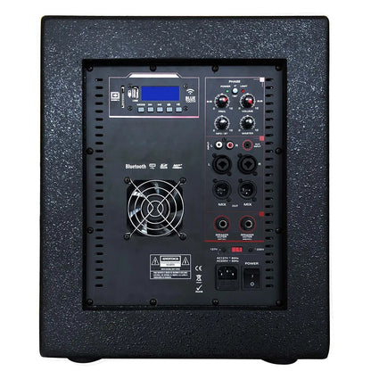Rear panel view of a black speaker system showcasing various control knobs, input/output ports, a cooling fan, a digital display with USB/SD card slots, and a power switch, featuring Bluetooth and karaoke capabilities.