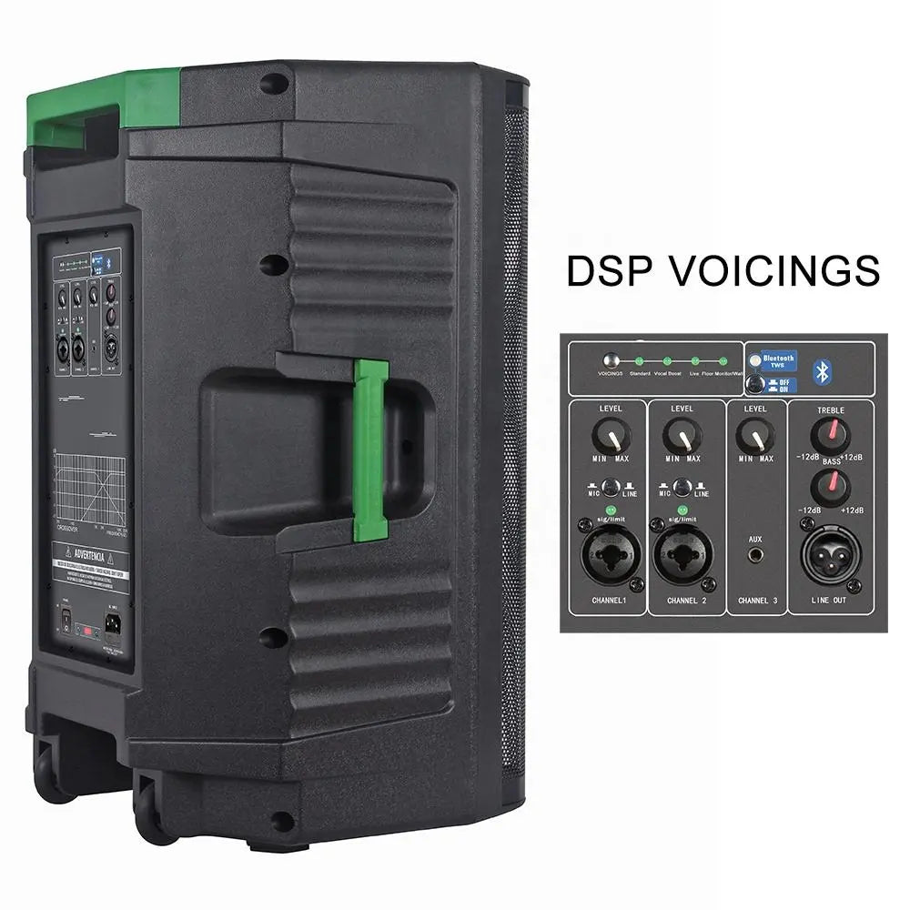 Rear angled view of a black speaker cabinet with green accents, highlighting the control panel and a side handle. To the right, an inset image details the 'DSP VOICINGS' section with various level controls, EQ settings, input/output ports, and a Bluetooth indicator.