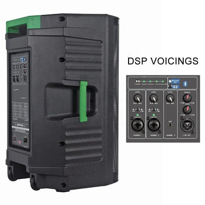 Rear angled view of a black speaker cabinet with green accents, highlighting the control panel and a side handle. To the right, an inset image details the 'DSP VOICINGS' section with various level controls, EQ settings, input/output ports, and a Bluetooth indicator.