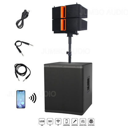 A black portable PA system featuring a large rectangular subwoofer base with a dual rectangular array speaker mounted on a stand, displayed alongside accessories including a power cable, two audio cables, and a smartphone indicating Bluetooth connectivity. Icons for USB, SD, BT, compatible microphone, equalizer, and super bass are shown at the bottom.