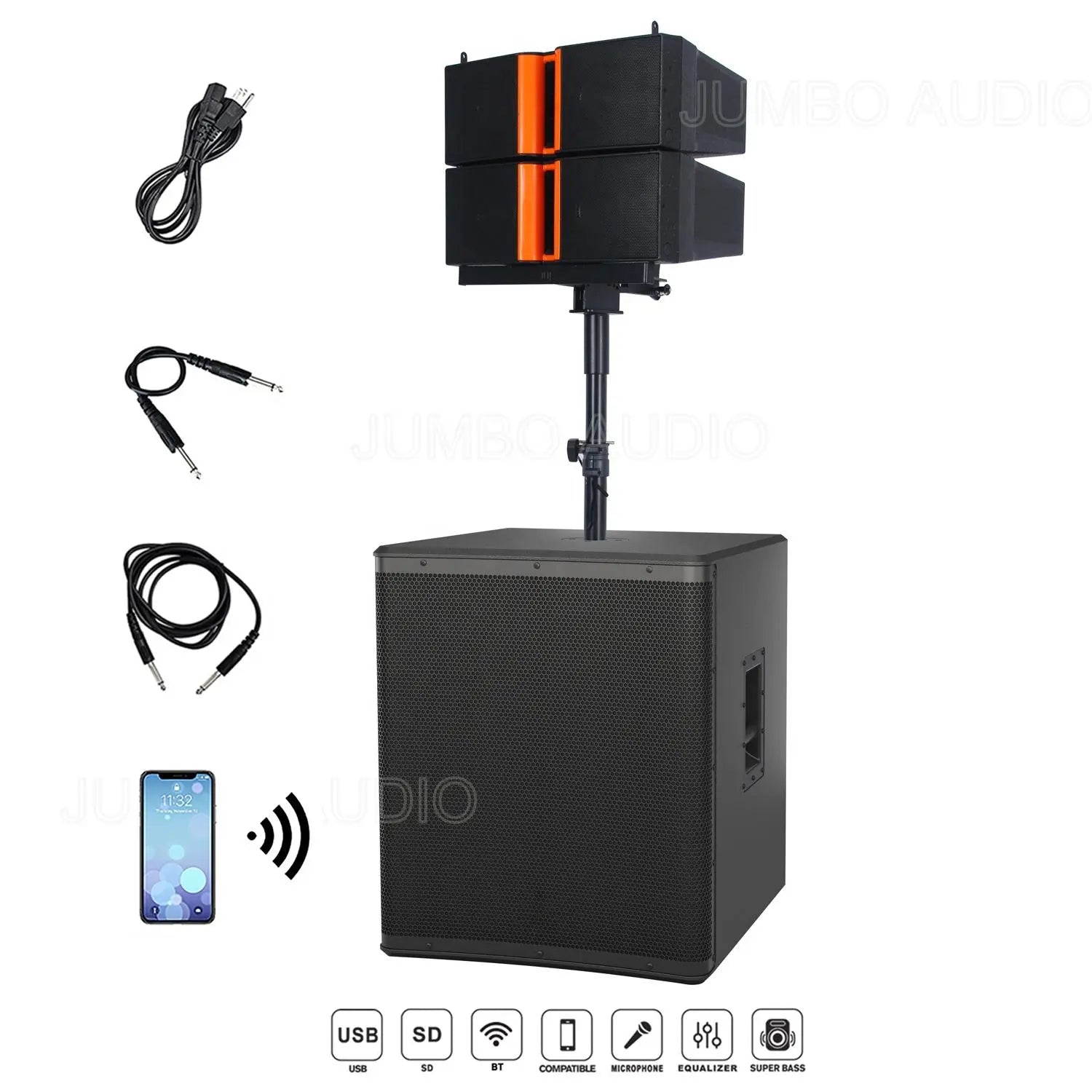 A complete black portable PA system featuring a large rectangular subwoofer base with a dual rectangular array speaker mounted on a stand, displayed alongside accessories including a power cable, two audio cables, and a smartphone indicating Bluetooth connectivity. Functional icons for USB, SD, BT, compatible microphone, equalizer, and super bass are shown at the bottom.