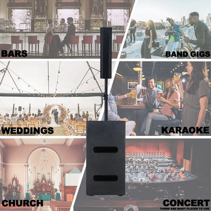 A collage showcasing various environments where a portable sound system can be used, including bars, band gigs, weddings, karaoke, church, and concerts, with a central image of the speaker setup