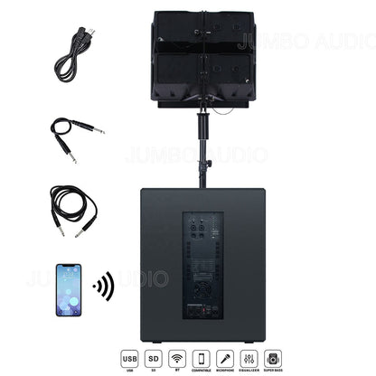 Front view of a black speaker system featuring a large subwoofer at the bottom and two smaller satellite speakers stacked on top, mounted on a central pole. To the left, illustrations show included accessories: a power cable, audio cables, and a smartphone with Bluetooth connectivity.